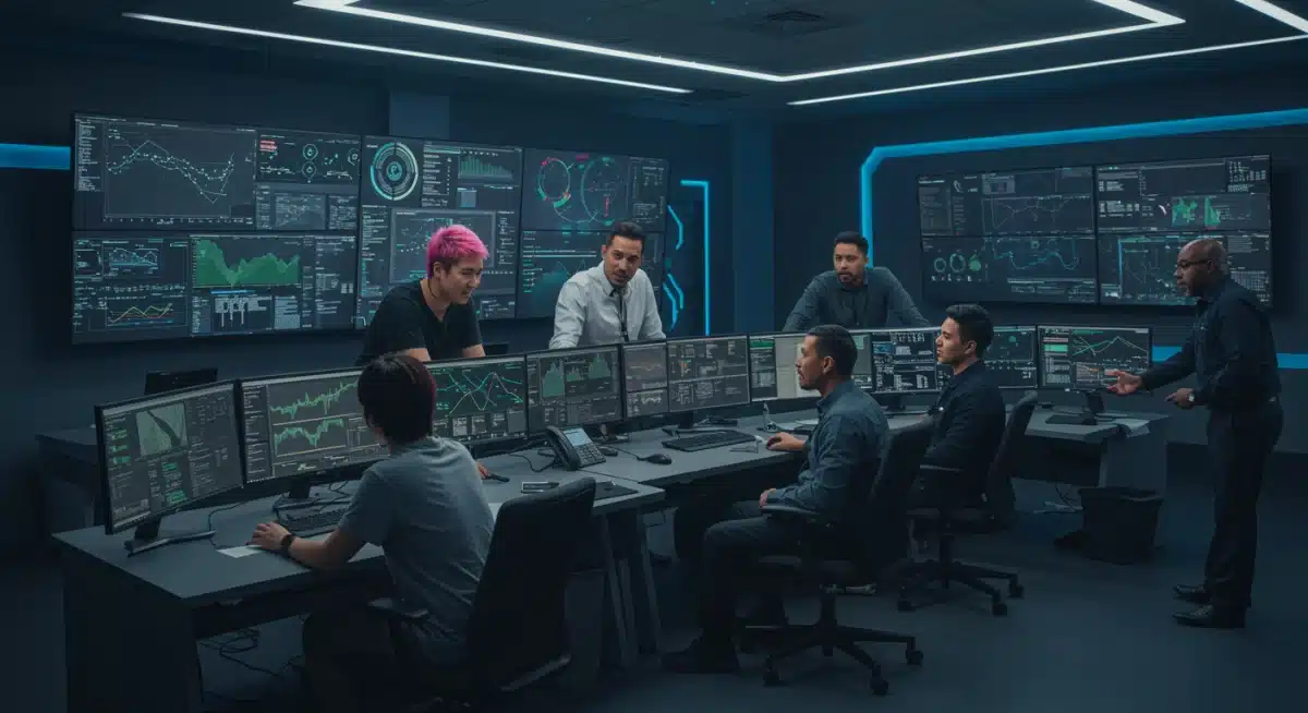 Cybersecurity experts collaborating in a secure operations center, analyzing threat data.