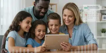 Family reviewing financial documents on a tablet, symbolizing federal child tax credit planning for 2025