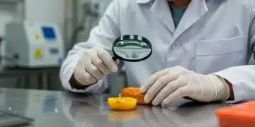 Food safety inspector examining food product for contaminants