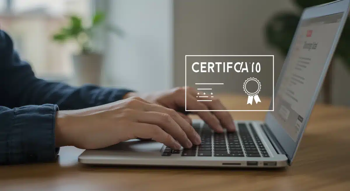 Hands typing on laptop, earning online certification