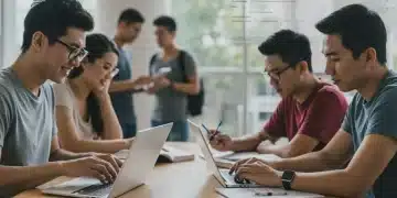 Students navigating financial aid forms on laptops in a college library