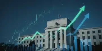 Federal Reserve building with economic growth charts and upward arrows
