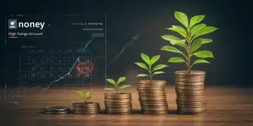 Growing money tree with coins, digital interface showing high-yield savings rates for 2025