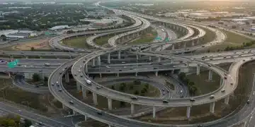 Modern highway interchange with new bridges and active traffic symbolizing infrastructure investment.