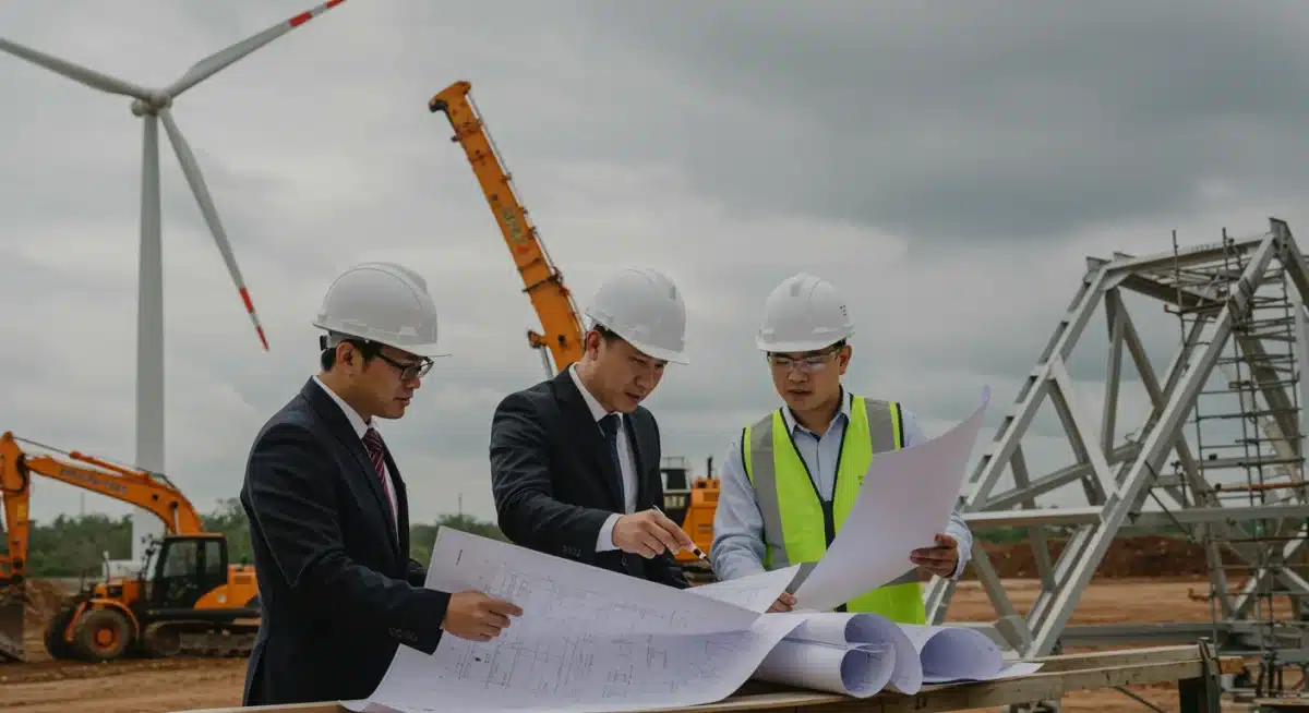 Engineers collaborating on large-scale renewable energy project blueprints