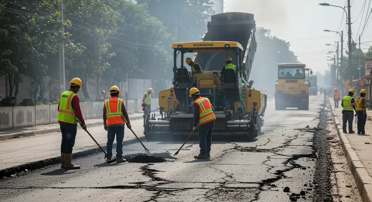 Construction workers repairing a cracked road with heavy machinery.