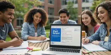 College students studying with financial aid forms and laptop