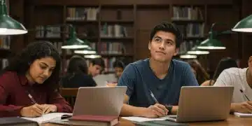 Students diligently working on college application essays in a library setting