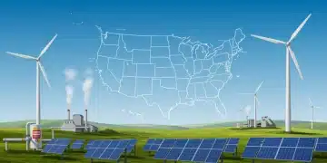 Illustration of solar panels, wind turbines, and geothermal plants representing US renewable energy investment