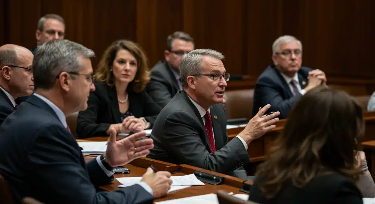 Diverse citizens discussing legislative changes in a town hall meeting.