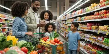 Family grocery shopping with EBT card, fresh produce