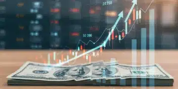 Stacked US dollar bills with digital growth indicators, symbolizing high-yield savings.