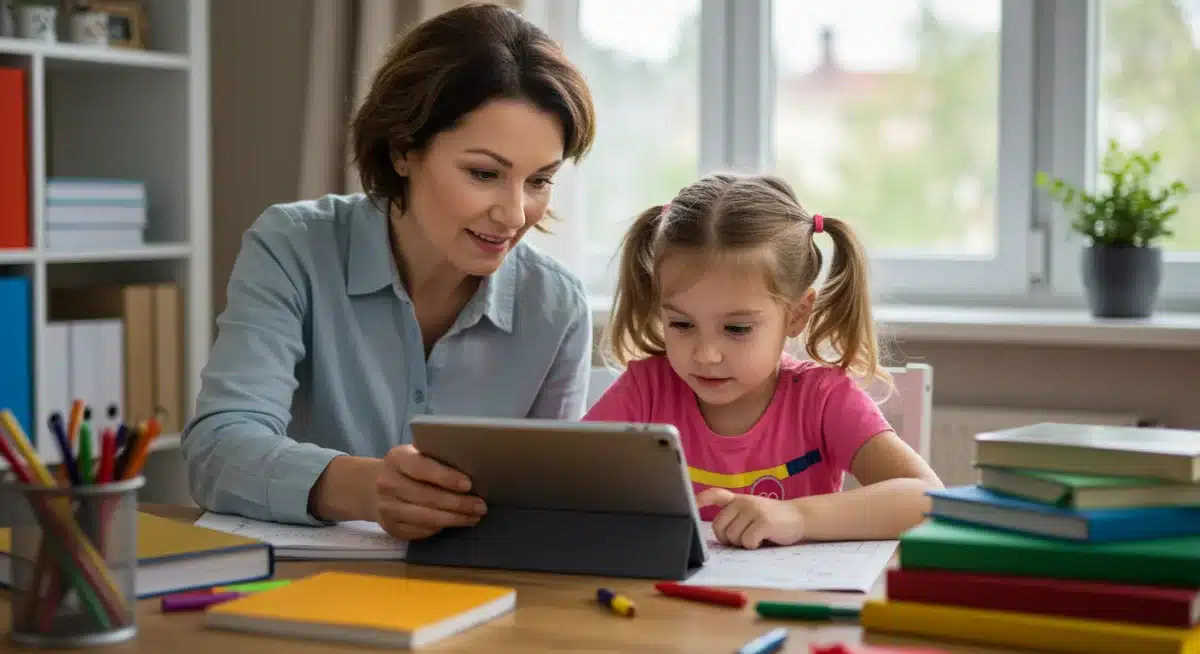Parent helping child with digital learning at home