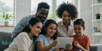 Smiling family reviewing Child Tax Credit 2026 information on a tablet.