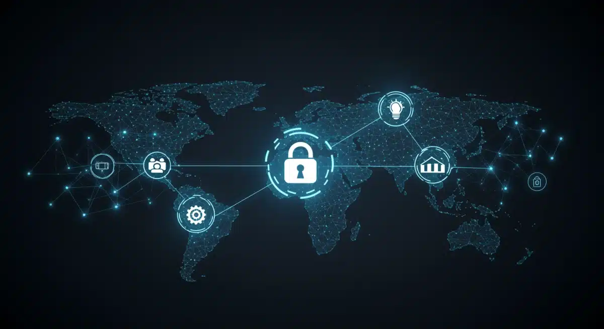 Cybersecurity network with padlock icon, representing data protection in finance.