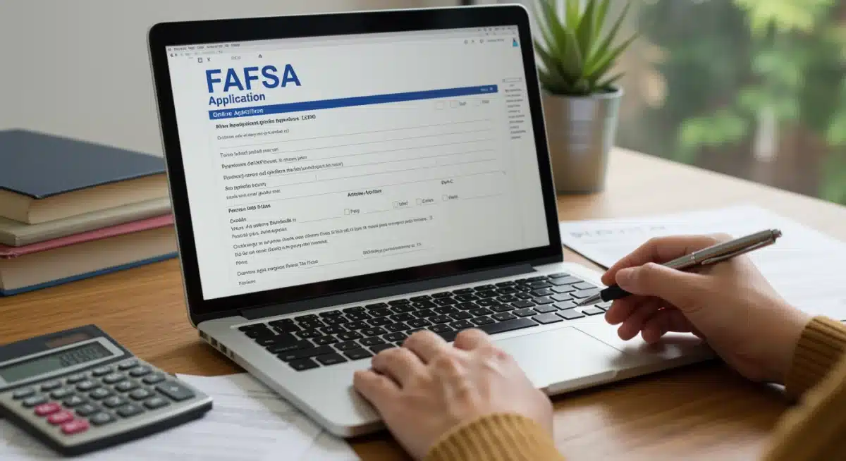 Filling out FAFSA application form on a laptop with financial documents.