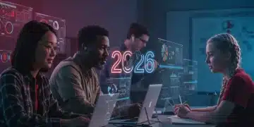 Students collaborating in a futuristic online learning environment in 2026