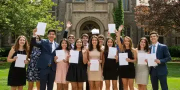 Students celebrating college acceptance outside a university building