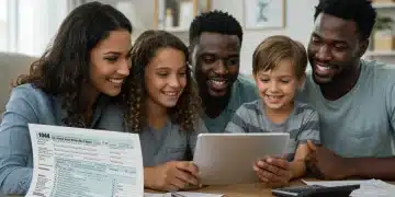 Family reviewing 2026 EITC tax credit information on a tablet, smiling