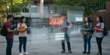 College students reviewing 2026 FAFSA changes on a digital display, planning for financial aid