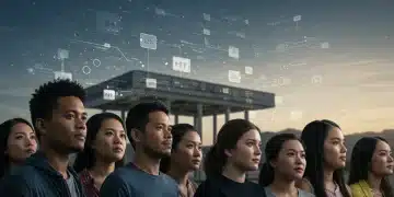 Diverse individuals at a digital border representing new immigration policies 2026