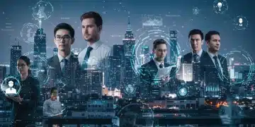 Futuristic cityscape with digital data, symbolizing the 2026 job market evolution and diverse career paths.