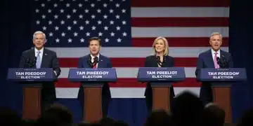 Four leading candidates for the 2026 US Presidential Election on a stage, ready to address voters.