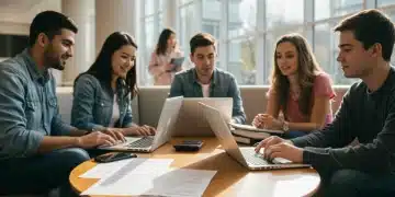 Diverse college students studying and discussing finances in a modern university setting, representing the future of college funding.