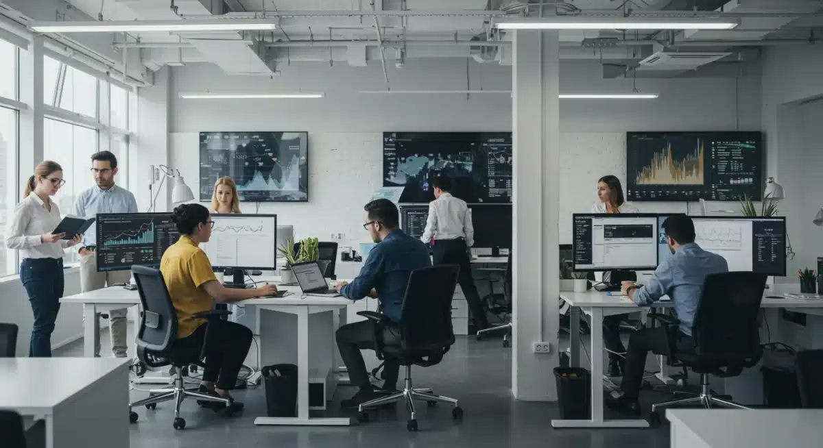 Diverse professionals collaborating in a modern office, reflecting a strong job market.