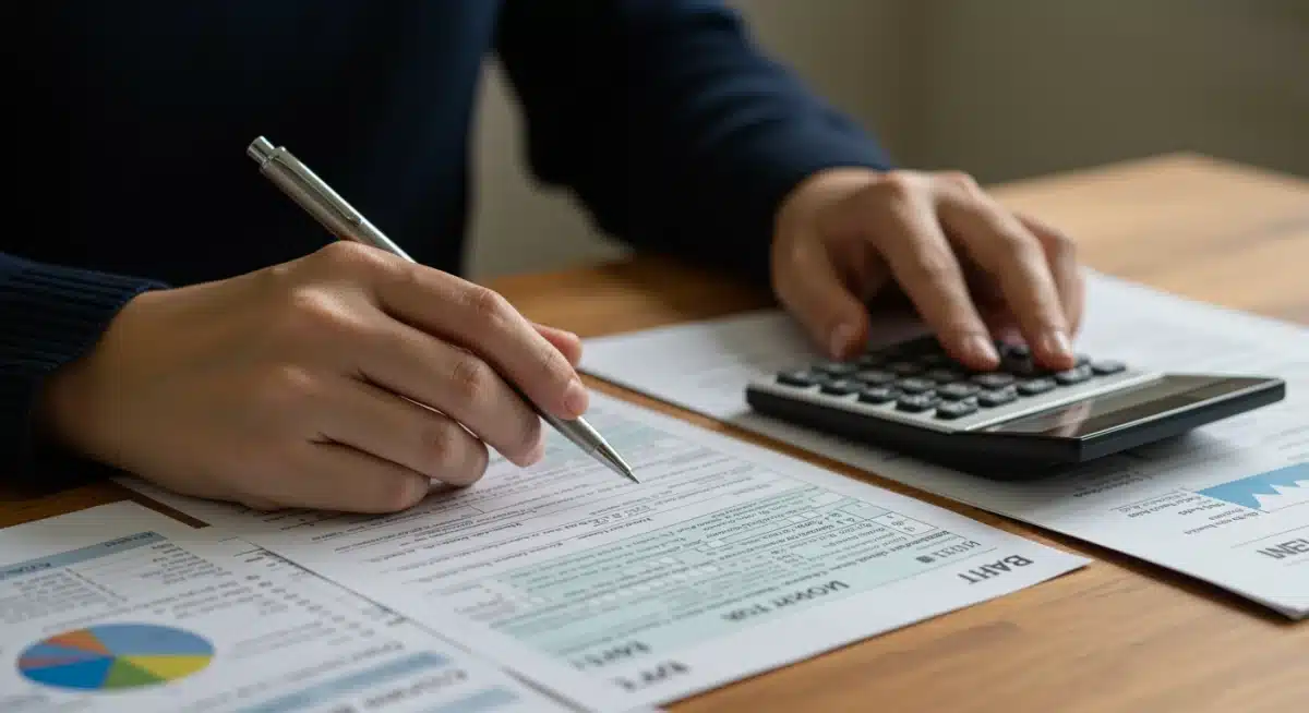 Hands filling out a tax form, calculating EITC eligibility