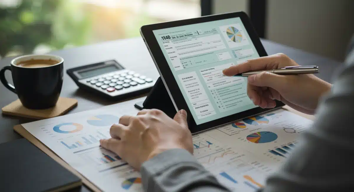 Person analyzing tax forms on a tablet for financial planning.