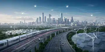 Futuristic US infrastructure network with high-speed rail, smart highways, and renewable energy.