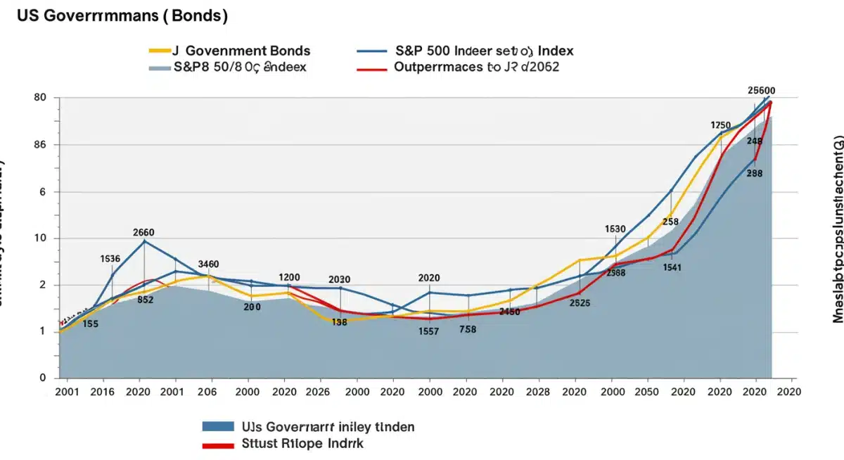 Historical performance comparison chart of US government bonds and S&P 500 index.