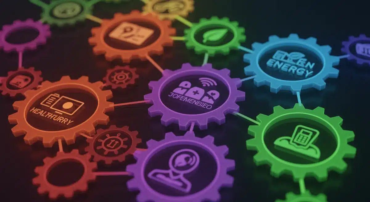 Interconnected gears and industry icons depicting the dynamic and transforming 2026 job market sectors.