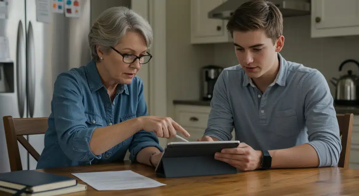 Parent and student reviewing college financial aid information on a tablet at home.