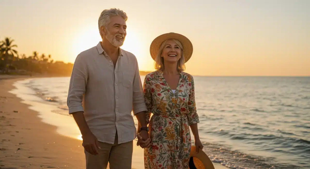 Happy couple enjoying a secure retirement on a beach