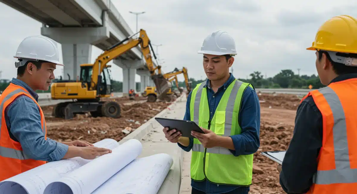 Engineers and construction workers building a sustainable bridge project.
