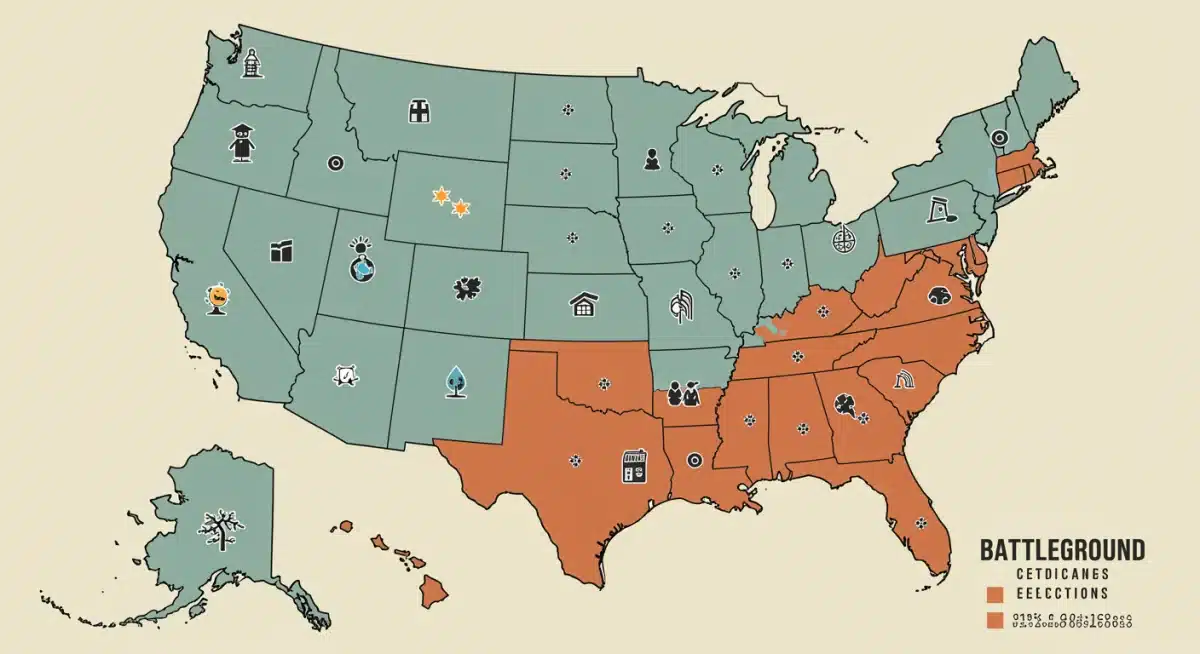 Map of the US highlighting battleground states and policy issues for the 2026 election.