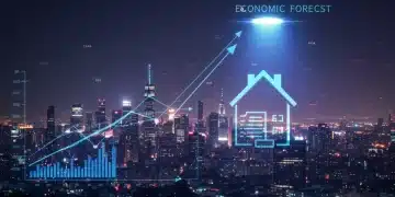Futuristic cityscape with financial charts, house, and loan document for 2026 economic forecast.