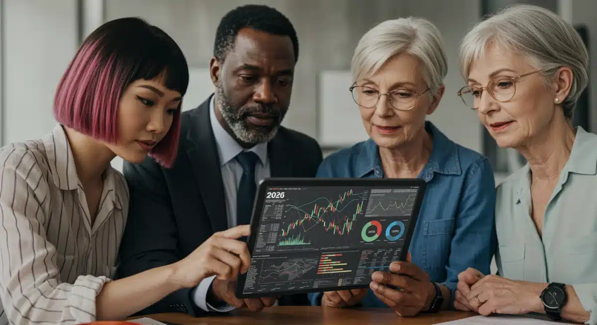 Group observing economic data on tablet, symbolizing adapting to economic changes.