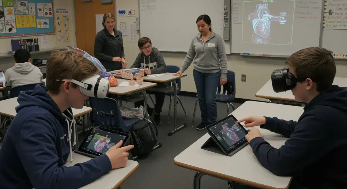 Students learning with augmented reality in a modern STEM classroom