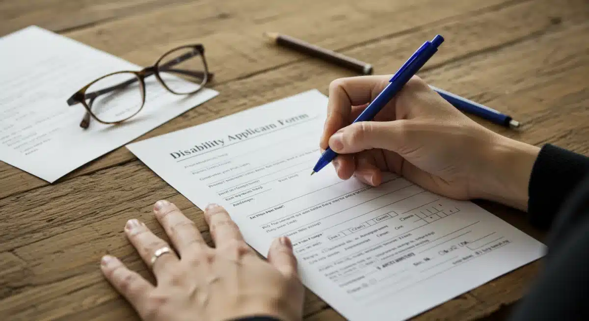 Hands completing disability benefits application form