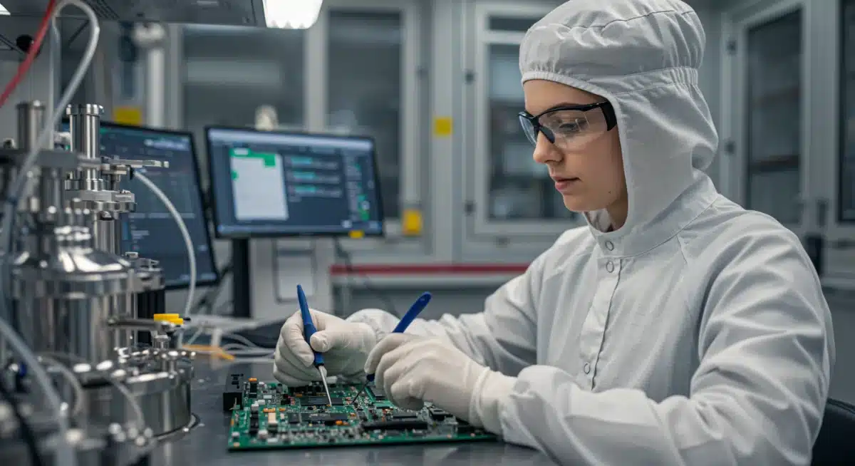 Female engineer working on a circuit board in a high-tech lab