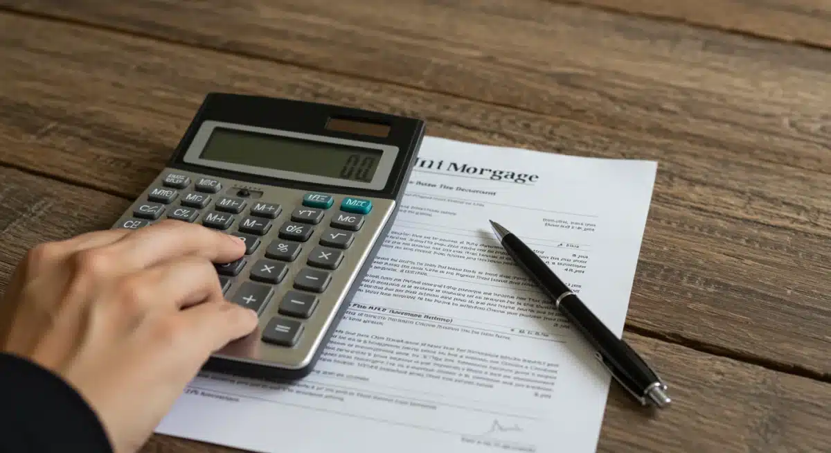 Hand using a calculator with mortgage documents, symbolizing financial planning.
