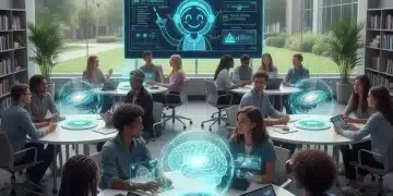 Students learning with AI in a futuristic US classroom, holographic displays