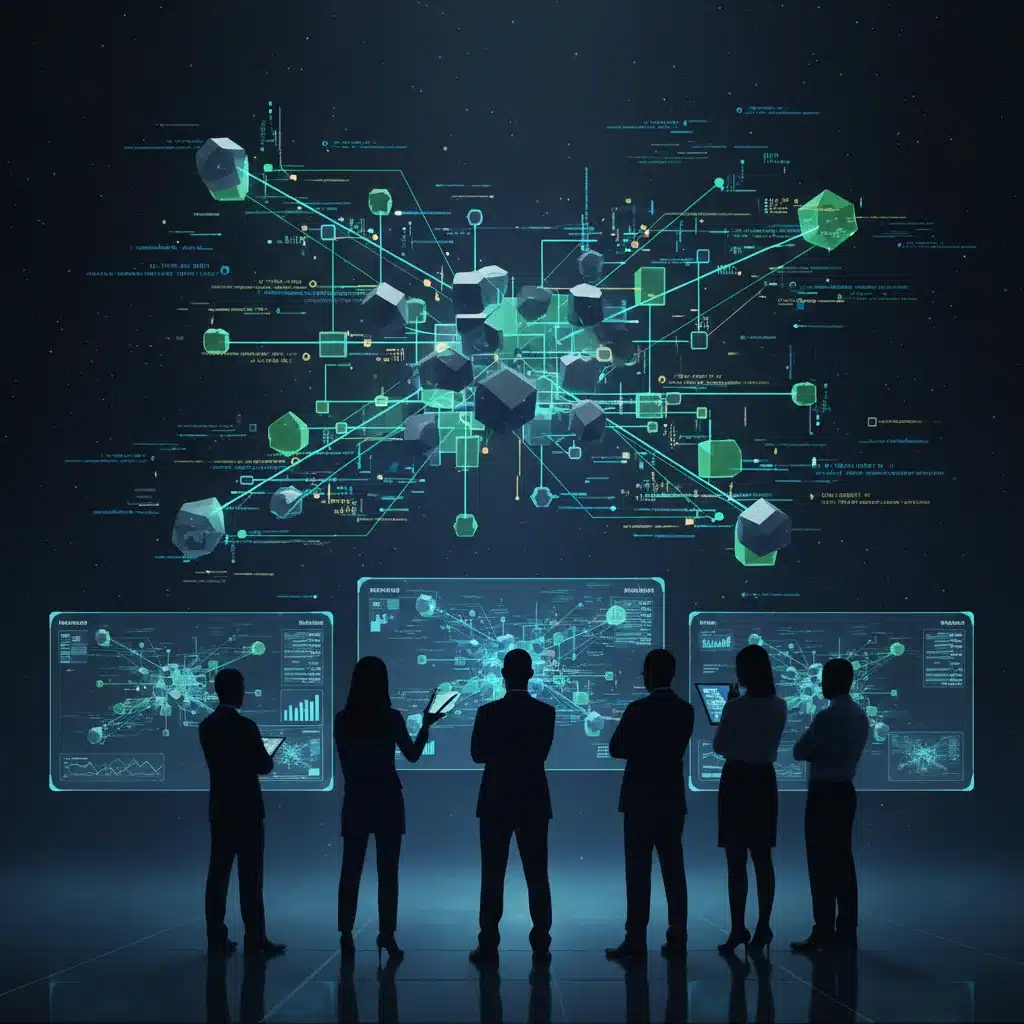 Blockchain network visualization with investors analyzing data, representing the complexity and opportunity in digital assets.