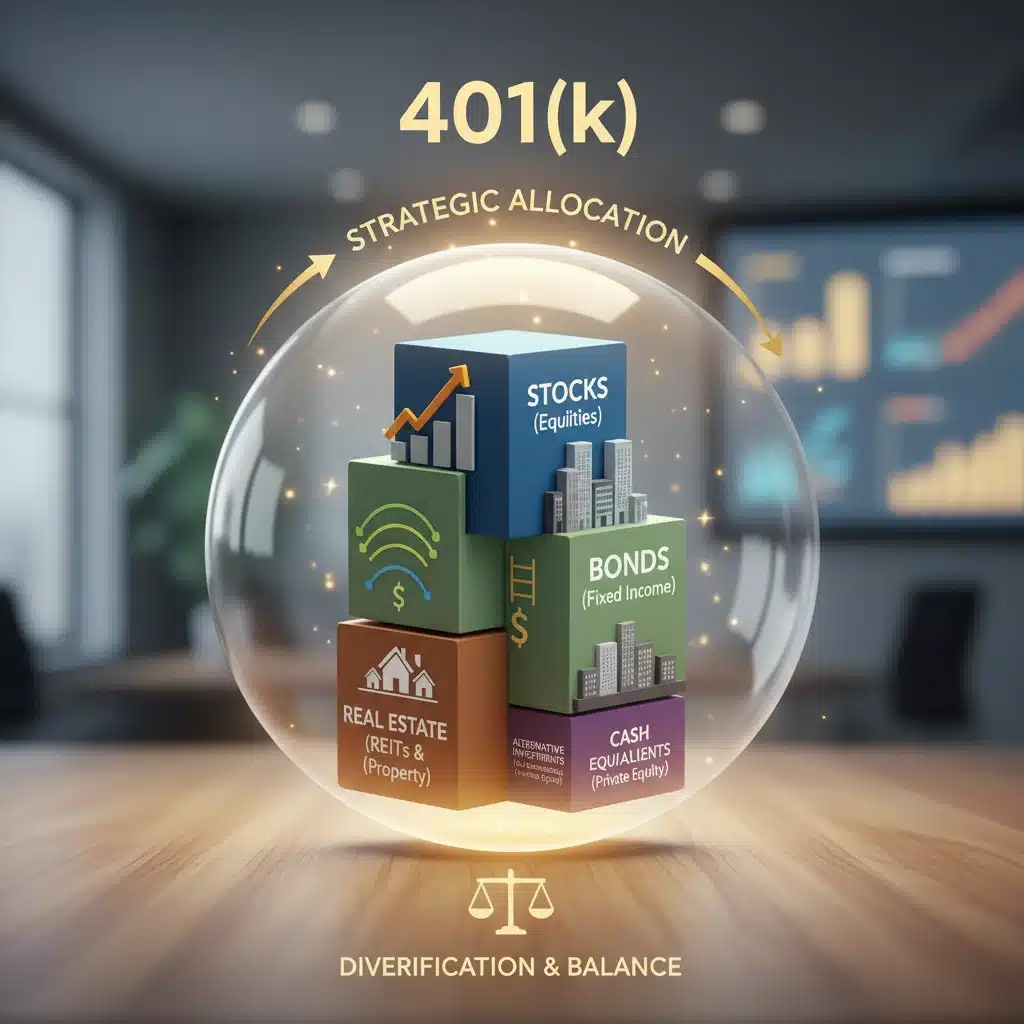 Diversified investment portfolio showing various asset classes for 401(k) allocation