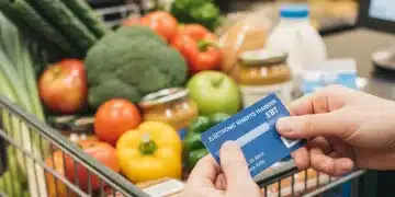 Hands holding an EBT card at a grocery store checkout, with a full cart of food.