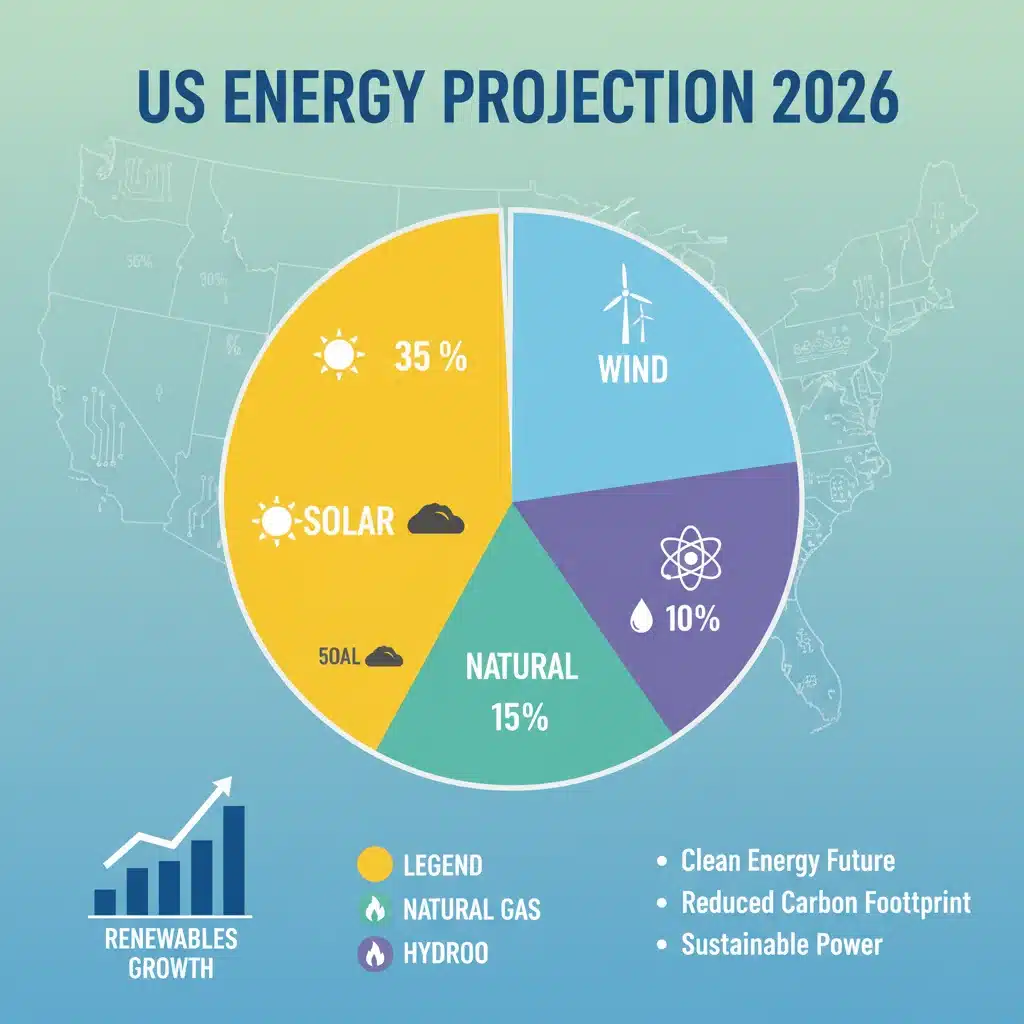 Infographic showing projected US energy source distribution by 2026.