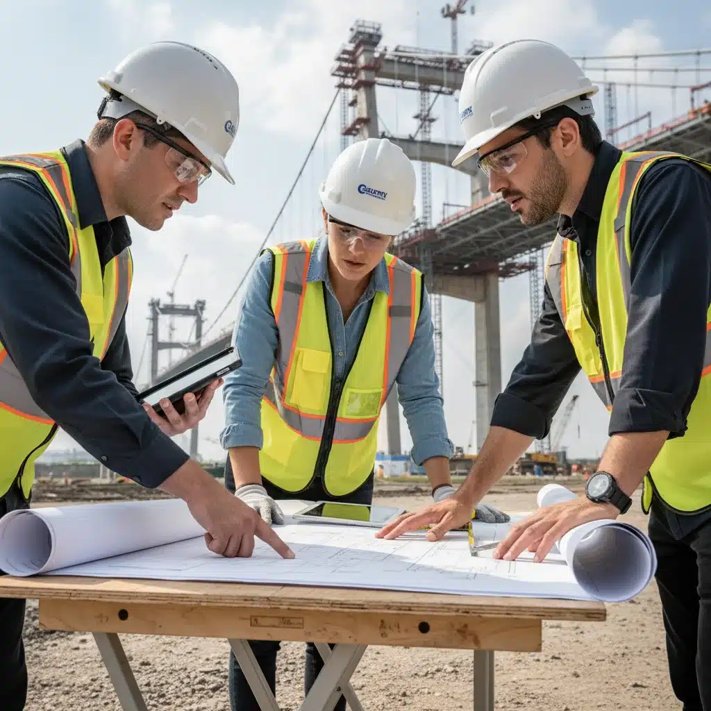 Engineers reviewing blueprints at a bridge construction site, symbolizing project planning.
